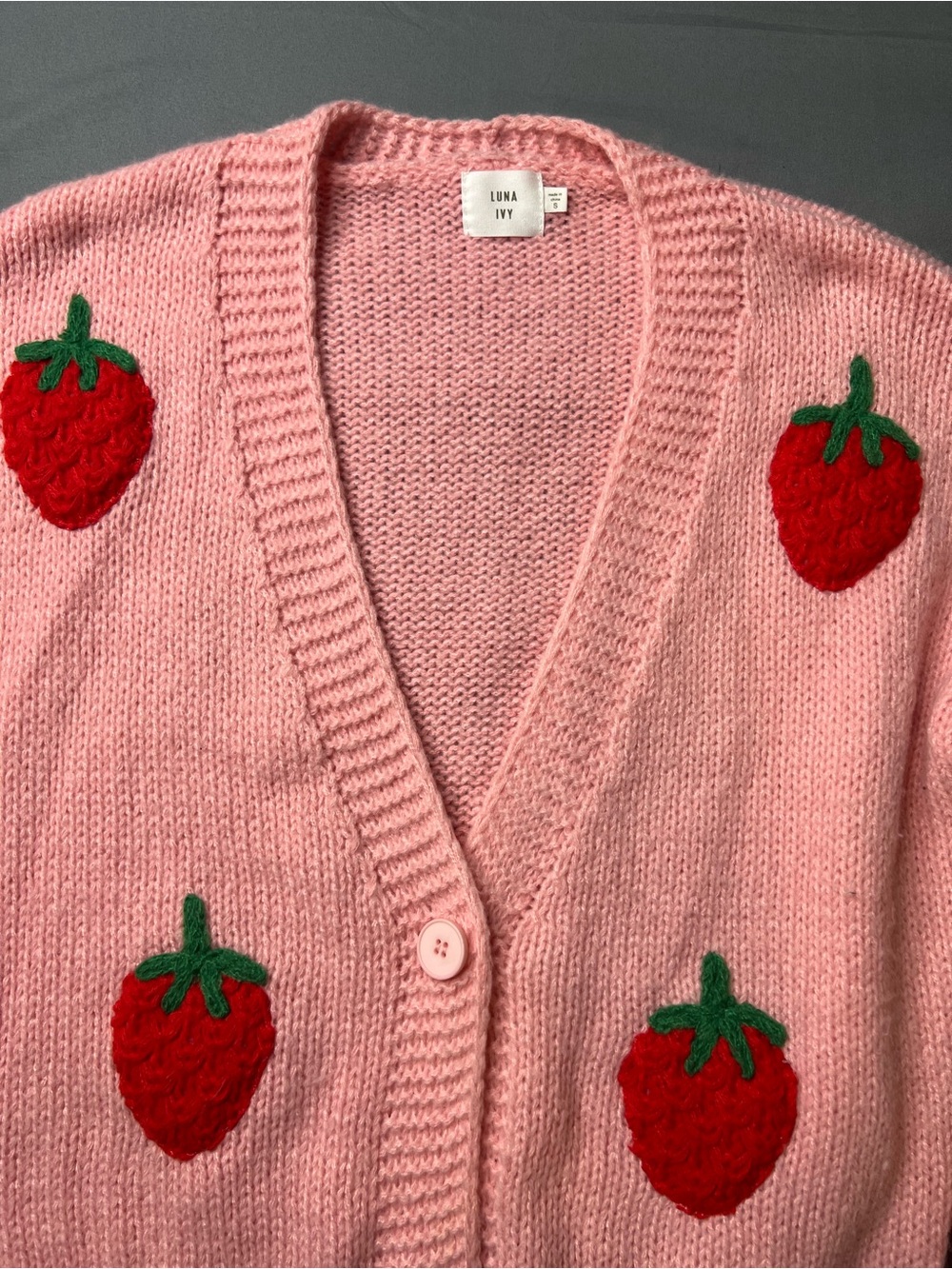Luna Ivy Strawberry Cardigan Sweater Pink Knit Button Front Size Small